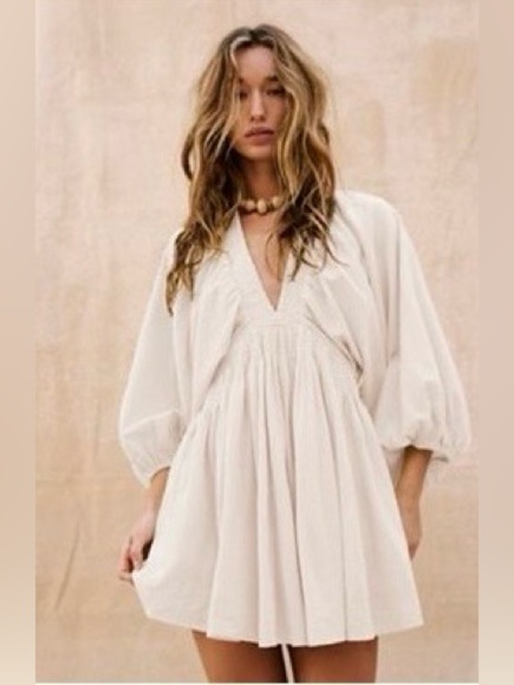 Free People Cream Mini Dress with Puff Sleeves